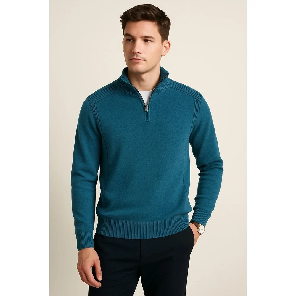 Carbon Quarter Zip Pullover Mens XL Blue Ribbed Shoulder Cotton Sweater Knit Top